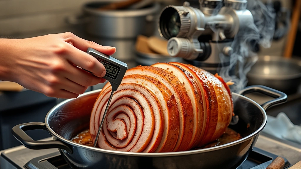 how long to cook a spiral ham -
photorealistic hands using meat thermometer inserted into spiral ham in roastin