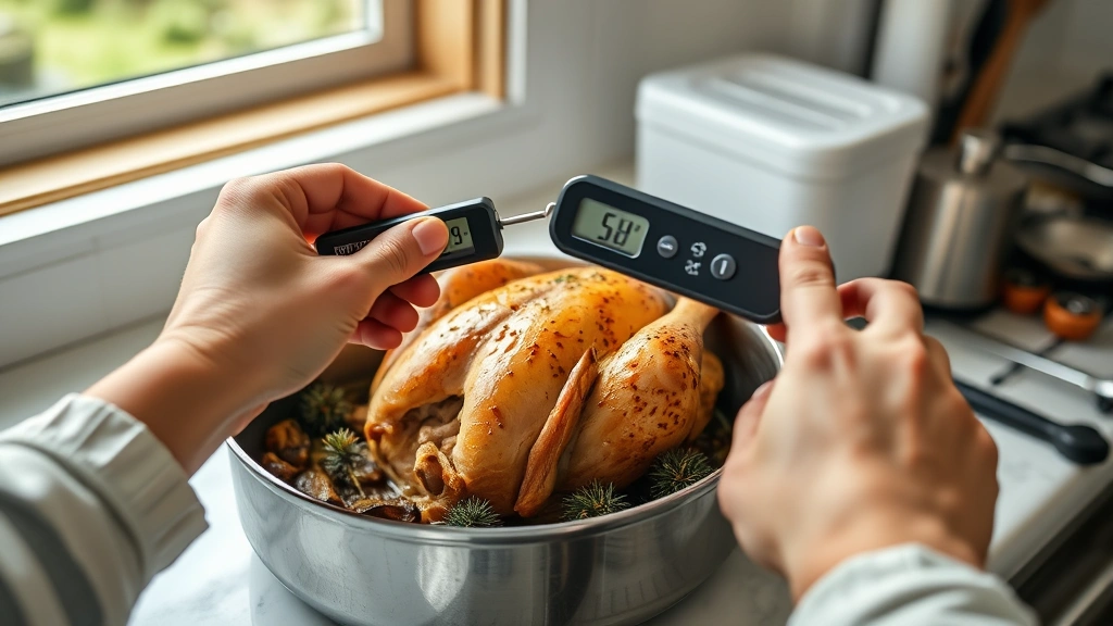 how long to cook bone-in turkey breast in oven -
Photorealistic hands using meat thermometer to check internal temperature of tu
