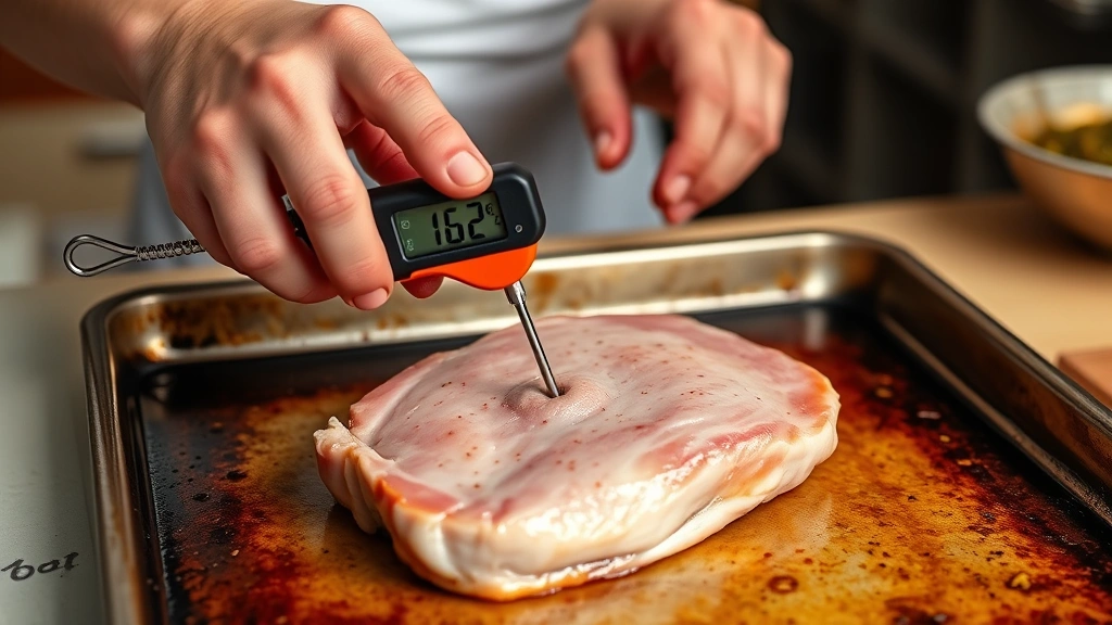 how long to cook boneless pork chops in oven -
Photorealistic hands using an instant-read meat thermometer inserted into the c
