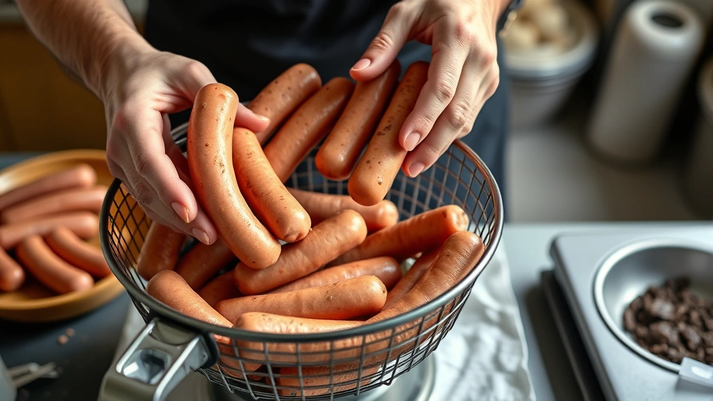 how long to cook brats in air fryer -
photorealistic hands arranging raw bratwurst sausages in air fryer basket, work