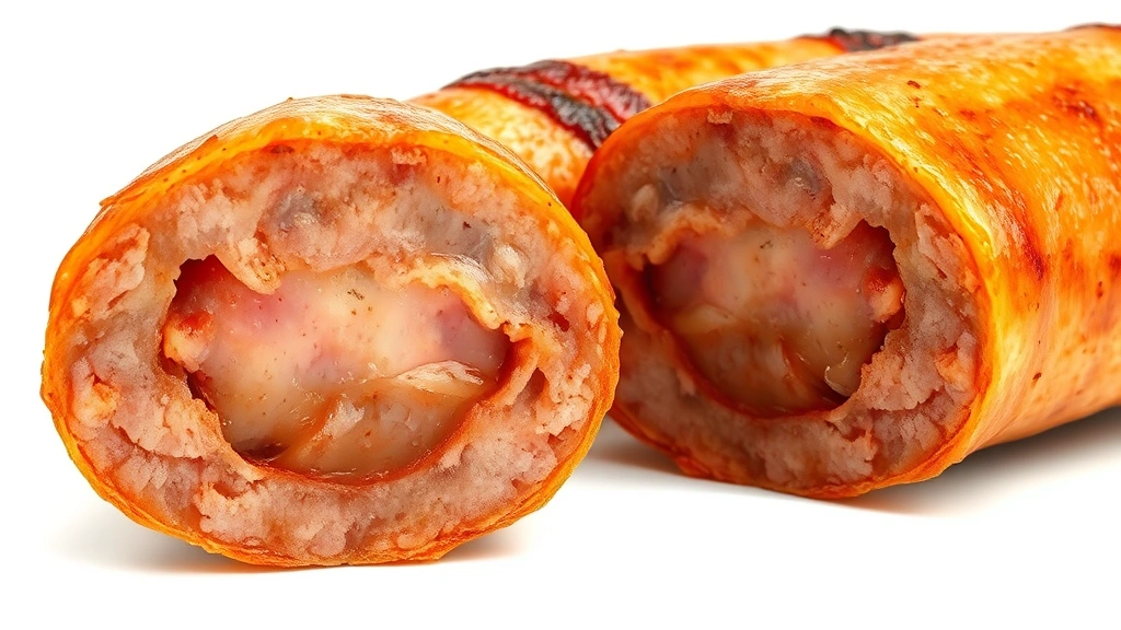 how long to cook brats in air fryer -
photorealistic close-up macro shot of cooked bratwurst cross-section showing ju