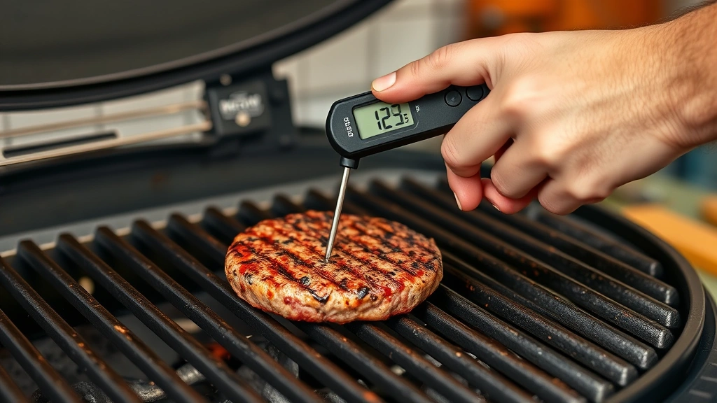 how long to cook burgers on grill -
Photorealistic hands using instant-read meat thermometer inserted horizontally