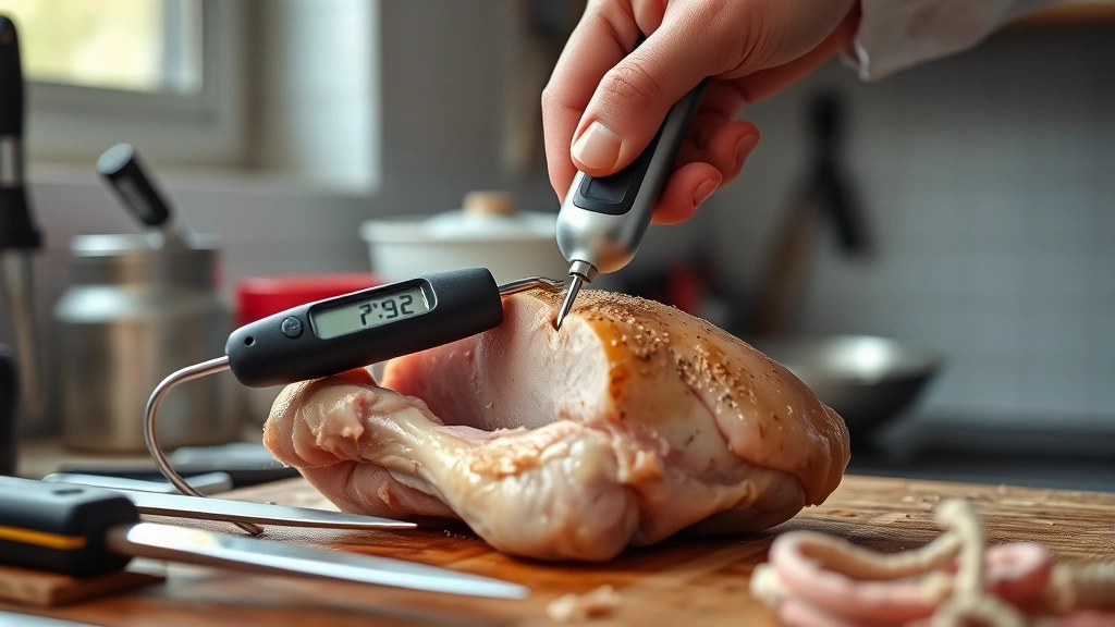 how long to cook chicken at 400 -
Photorealistic hands inserting instant-read meat thermometer into thick part of