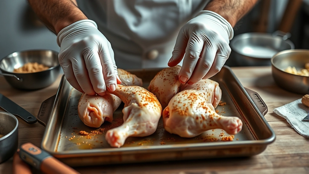 how long to cook chicken drumsticks in oven -
photorealistic hands placing seasoned raw chicken drumsticks on baking sheet in