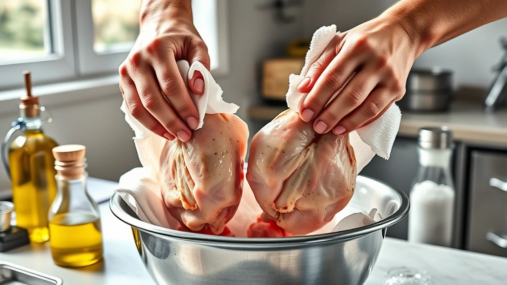 how long to cook chicken legs in oven -
Photorealistic hands patting chicken legs dry with paper towels over stainless 