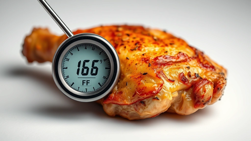 how long to cook chicken legs in oven -
Photorealistic close-up macro photography of meat thermometer inserted into gol