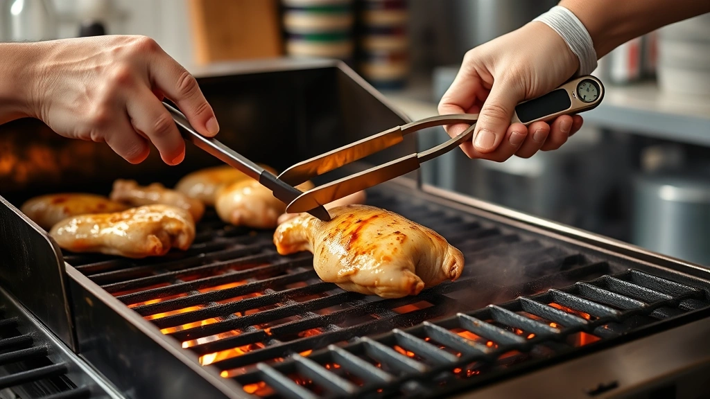 how long to cook chicken on grill -
Photorealistic hands using long tongs to flip chicken on a hot grill, workshop 