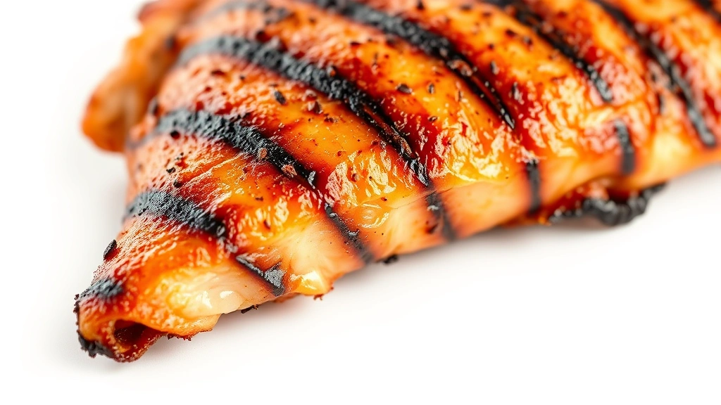 how long to cook chicken on grill -
Photorealistic close-up macro photography of grilled chicken skin showing crisp