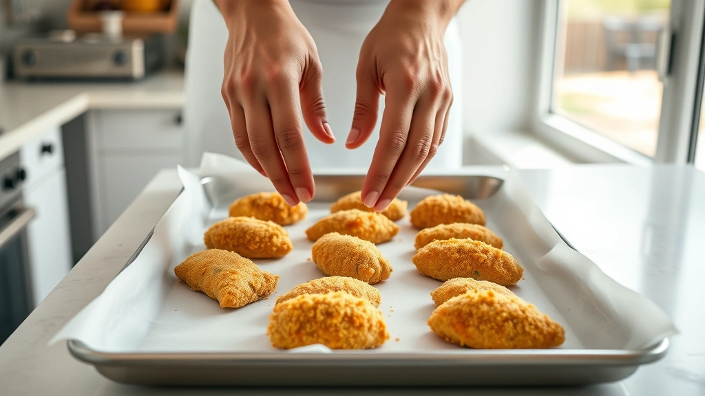 how long to cook chicken tenders in oven at 400 -
Photorealistic hands placing breaded chicken tenders onto a parchment-lined bak