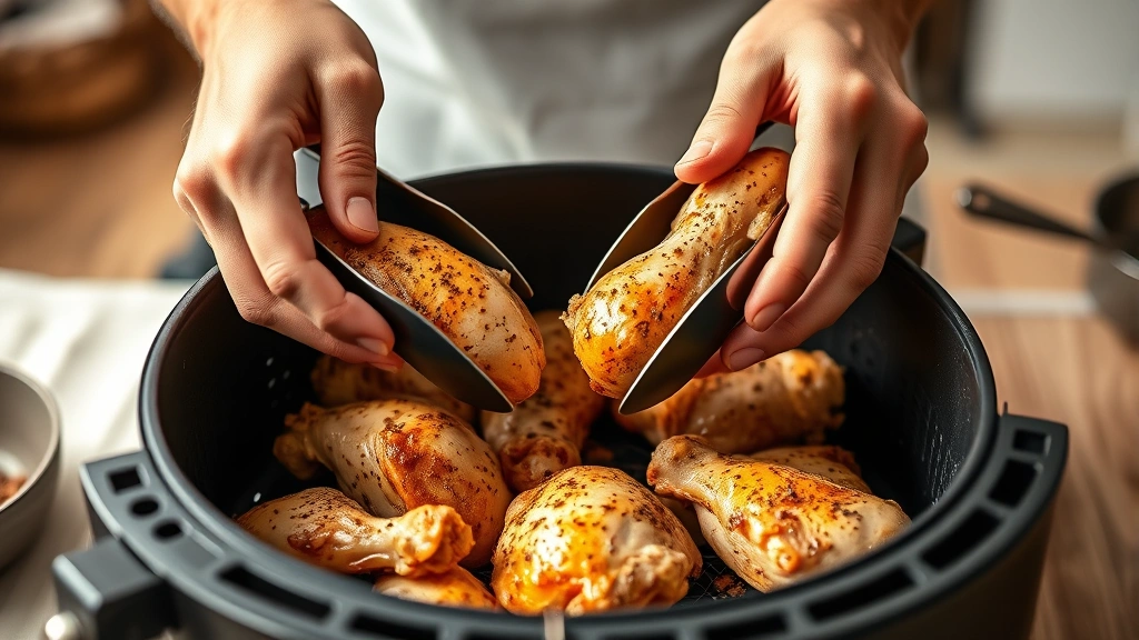 how long to cook chicken thighs in air fryer -
photorealistic hands placing seasoned chicken thighs skin-side up into air frye
