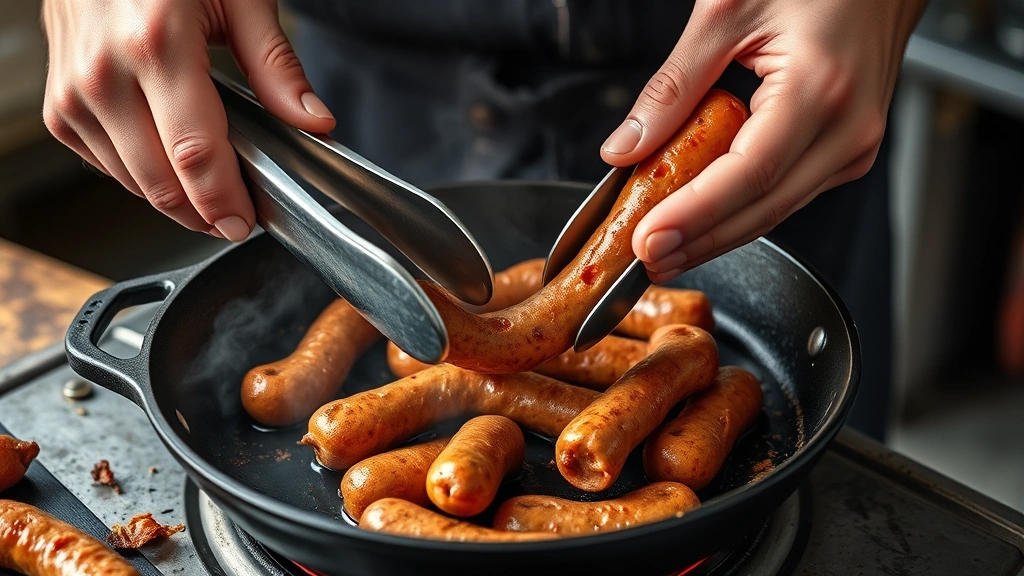 how long to cook chorizo -
Photorealistic hands using tongs to flip chorizo links on a hot cast iron skill