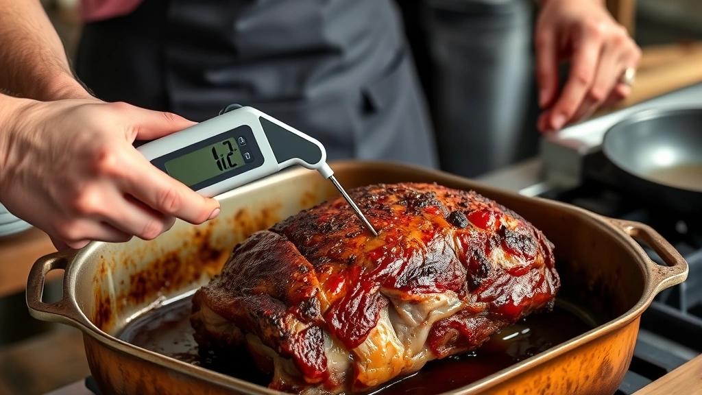 how long to cook country style ribs in oven -
Photorealistic hands using instant-read meat thermometer inserted into thick co