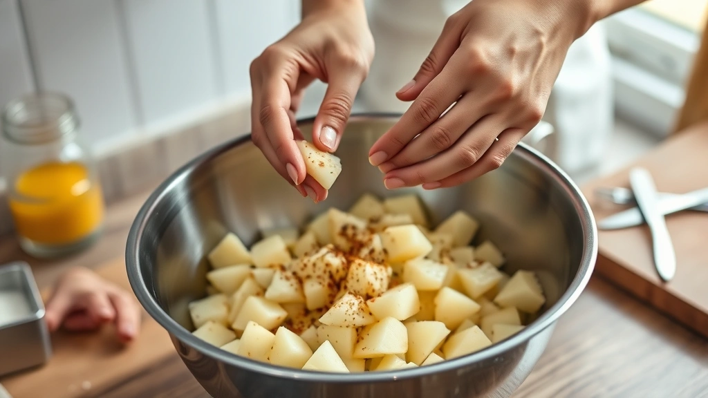 how long to cook diced potatoes in oven -
Hands tossing diced raw potatoes with olive oil and seasonings in stainless ste