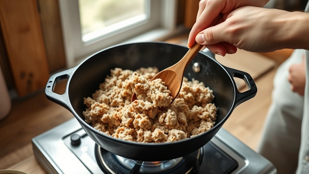how long to cook ground turkey -
Photorealistic hands using a wooden spoon to break apart ground turkey in a cas