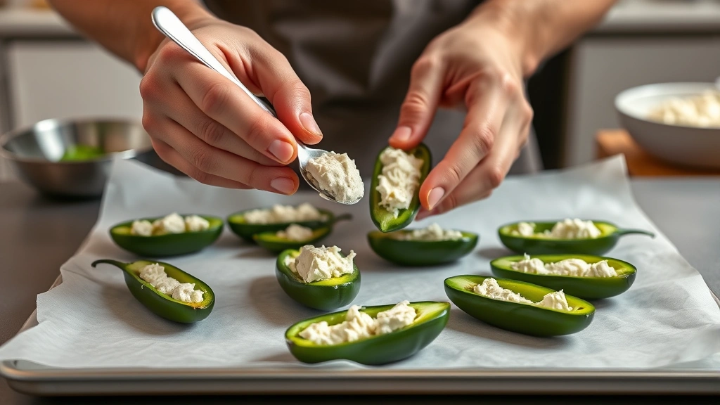 how long to cook jalapeno poppers in oven -
Photorealistic hands stuffing fresh jalapeno halves with cream cheese mixture u