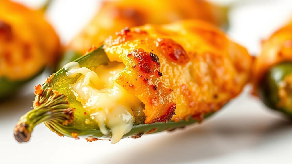 how long to cook jalapeno poppers in oven -
Photorealistic close-up macro shot of single jalapeno popper showing melted che