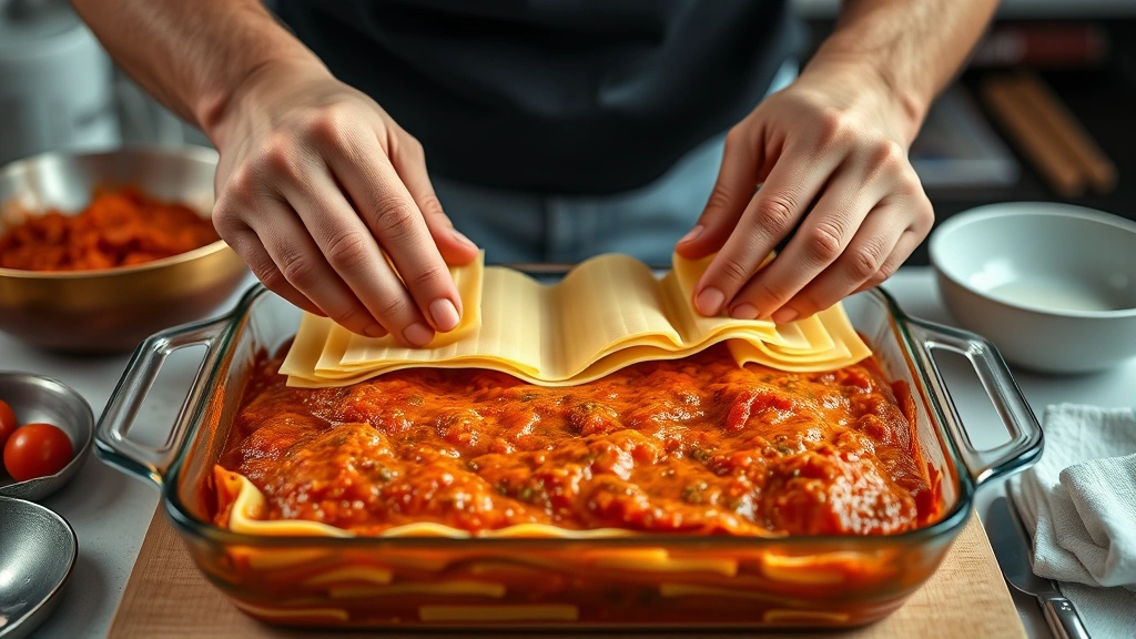 how long to cook lasagna -
Photorealistic hands carefully layering lasagna noodles and sauce in a baking d