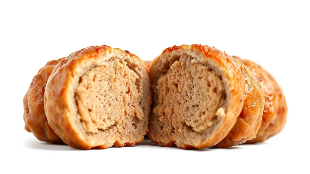 how long to cook meatballs in oven -
Photorealistic close-up macro photography of perfectly cooked meatball cross-se