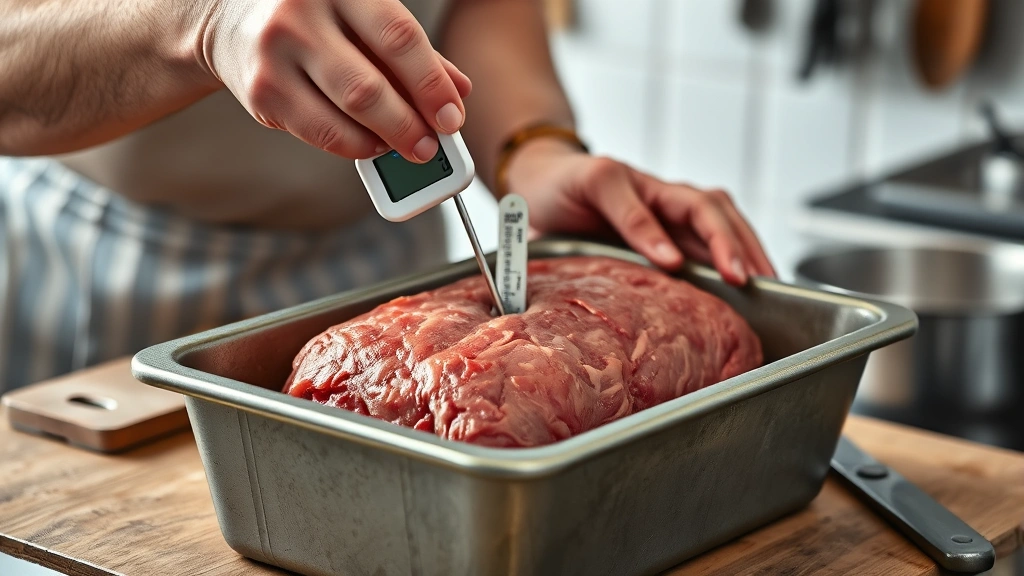 how long to cook meatloaf at 350 -
photorealistic hands inserting meat thermometer into thick center of raw meatlo