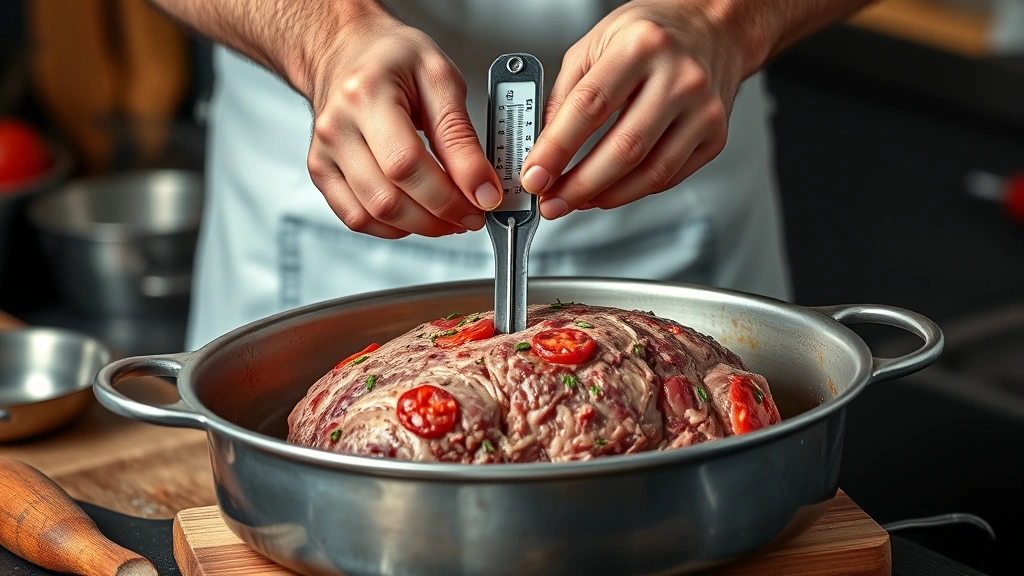 how long to cook meatloaf at 400 -
Photorealistic hands inserting meat thermometer into center of raw meatloaf in 