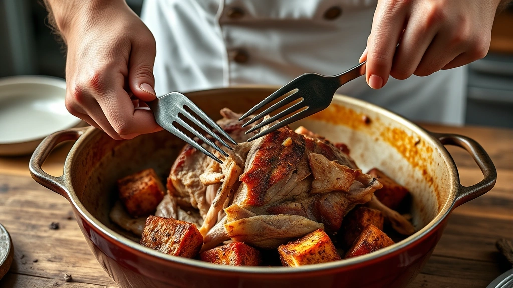 how long to cook pork butt in oven -
Photorealistic hands using two forks to shred a cooked pork butt in a roasting 