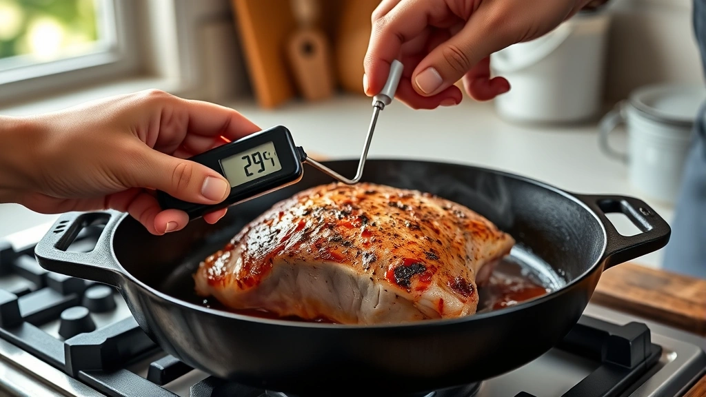 how long to cook pork tenderloin -
Photorealistic hands using instant-read meat thermometer inserted into center o