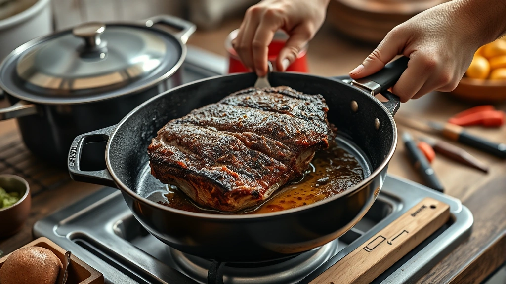 how long to cook pot roast in oven -
photorealistic hands searing pot roast in hot skillet with oil, golden crust fo