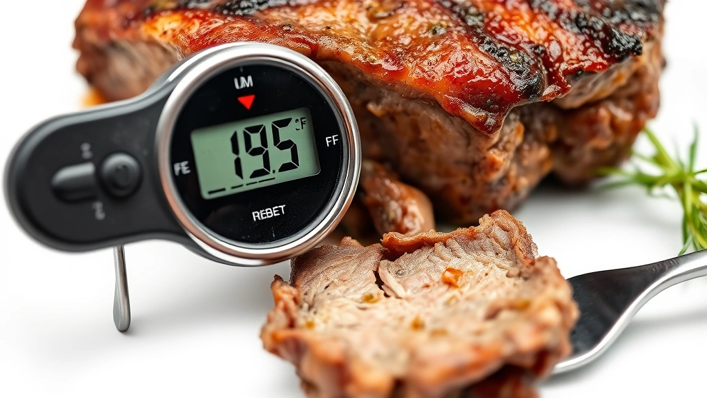 how long to cook pot roast in oven -
photorealistic close-up of meat thermometer inserted into cooked pot roast show