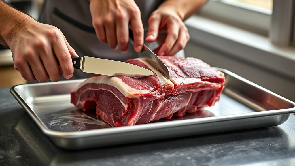 how long to cook ribs in oven -
Photorealistic hands removing silver membrane from back of raw ribs using butte