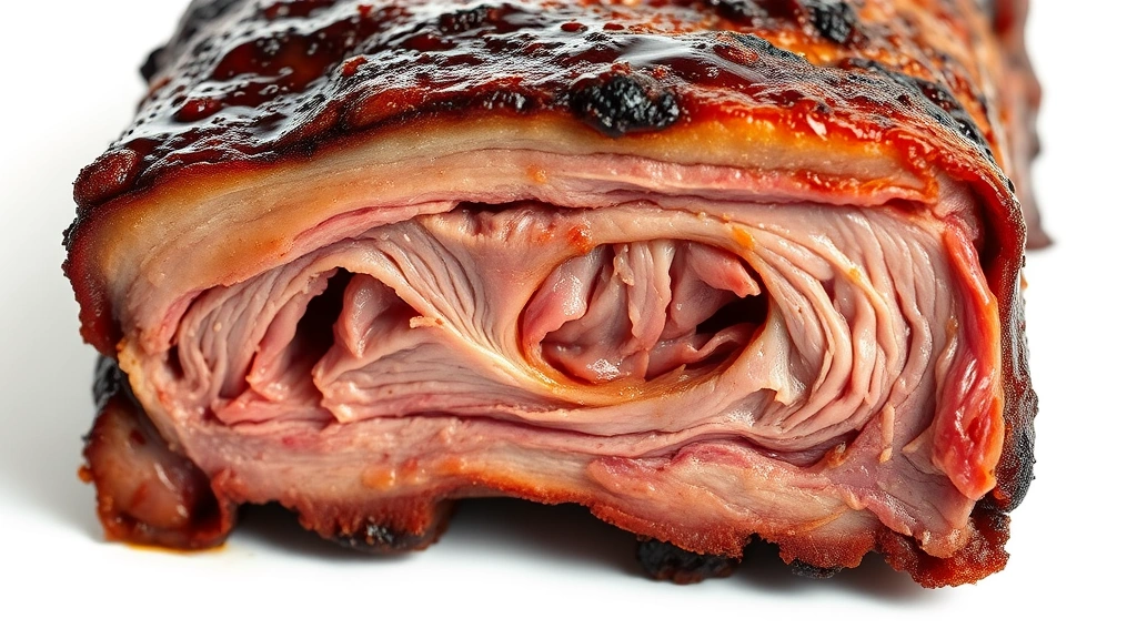 how long to cook ribs in oven -
Photorealistic close-up macro of perfectly cooked rib cross-section showing mea