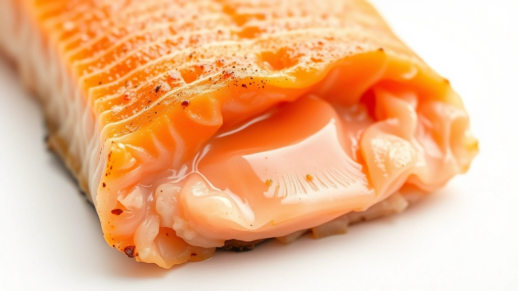 how long to cook salmon at 375 -
Photorealistic close-up macro photography of cooked salmon flesh showing flaky 