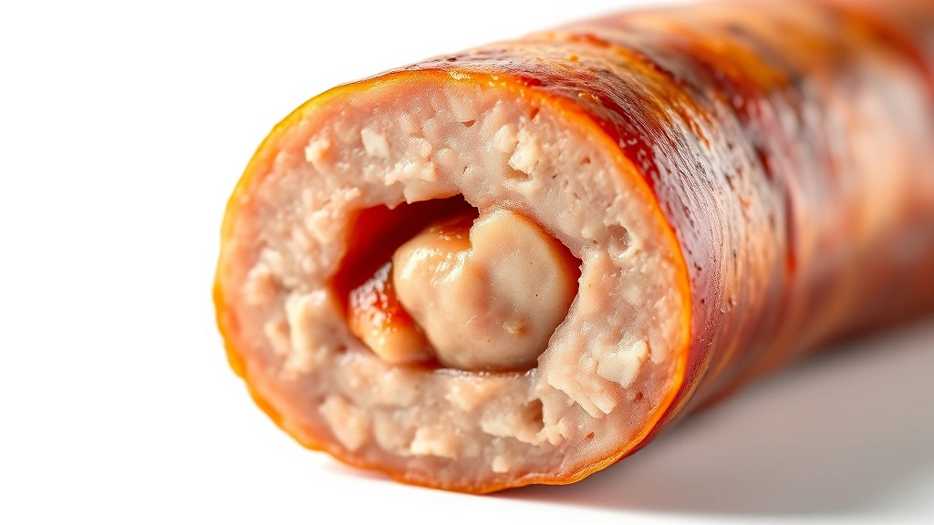 how long to cook sausage in oven -
Photorealistic close-up macro photography of a perfectly cooked sausage cross-s