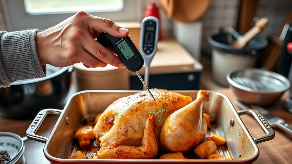how long to cook turkey breast in oven -
Photorealistic hands using instant-read meat thermometer inserted into turkey b