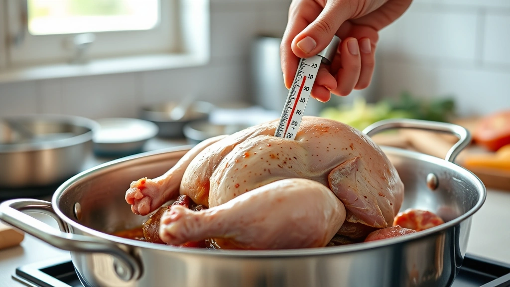 how long to cook whole chicken in oven -
Photorealistic hands inserting a meat thermometer into the thigh of a raw chick