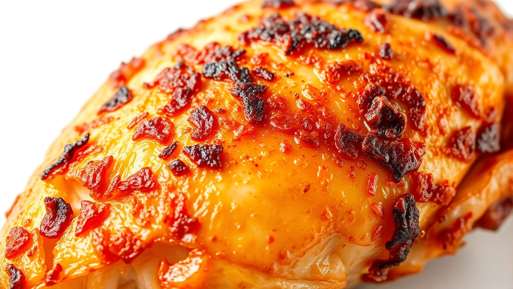 how long to cook whole chicken in oven -
Photorealistic close-up macro shot of crispy roasted chicken skin with golden-b