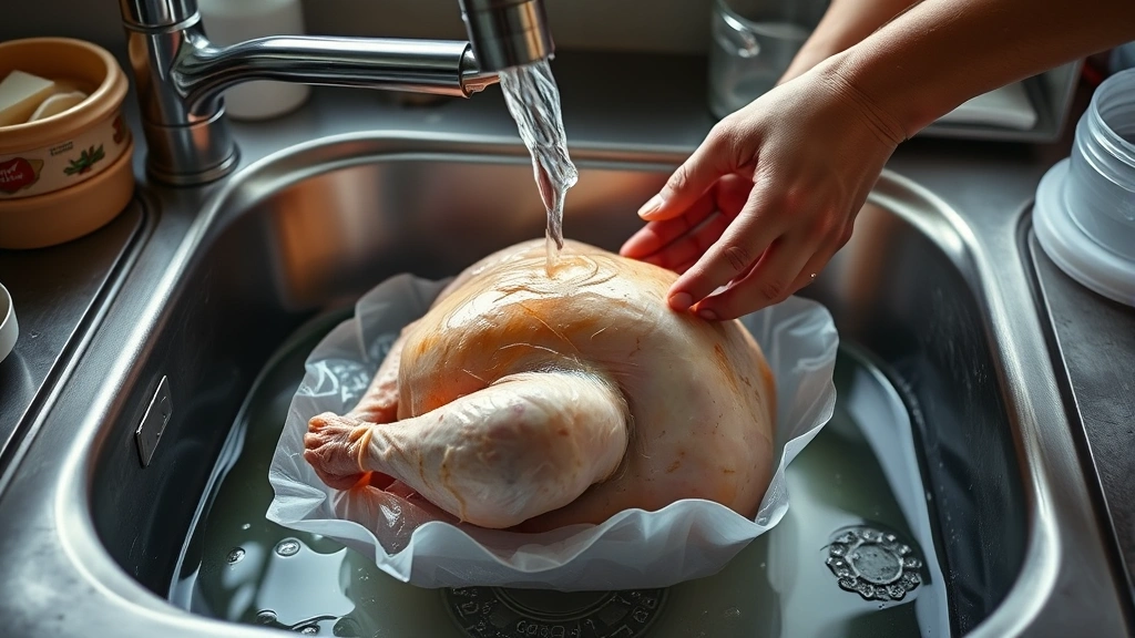 how long to defrost a turkey -
photorealistic hands changing cold water in a sink with a whole turkey submerge