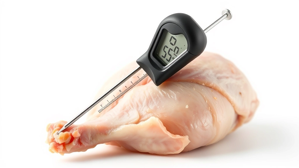how long to defrost a turkey -
photorealistic close-up of a meat thermometer inserted into thawed turkey thigh