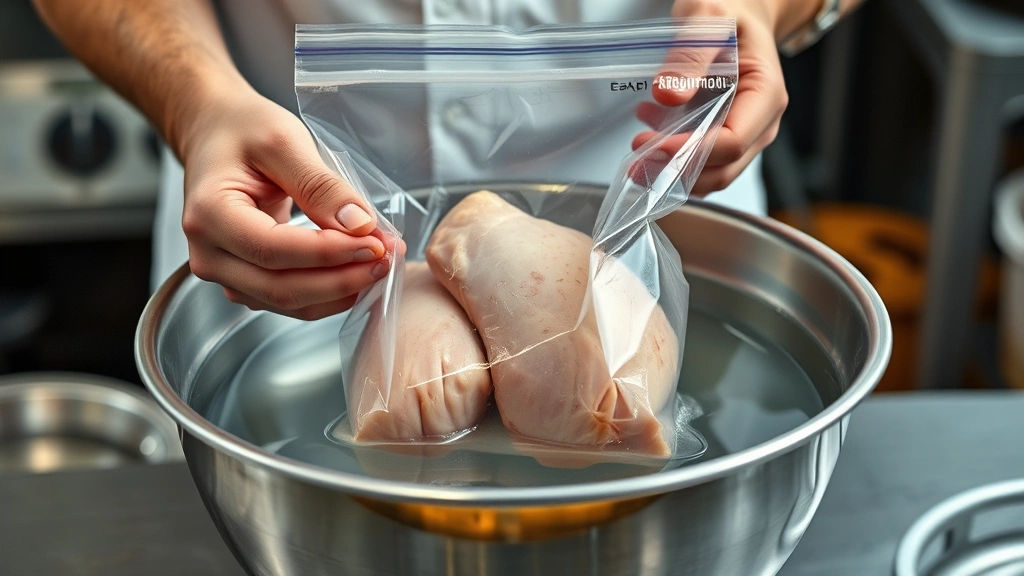 how long to defrost chicken -
Photorealistic hands holding a sealed plastic bag of chicken submerged in cold