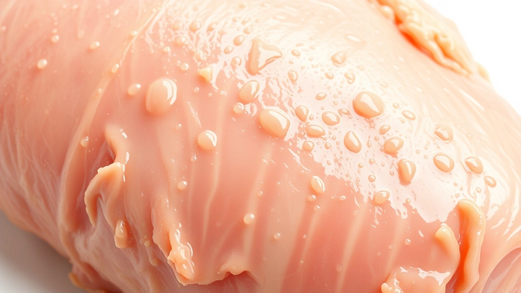 how long to defrost chicken -
Photorealistic close-up macro photography of raw chicken surface showing textur