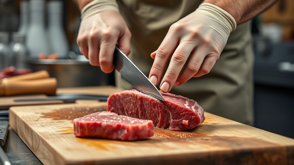 how long to dehydrate jerky -
Photorealistic hands slicing raw beef against the grain on cutting board with s