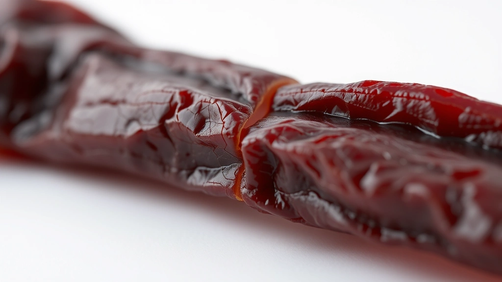 how long to dehydrate jerky -
Photorealistic close-up macro photography of jerky being bent test, showing cra