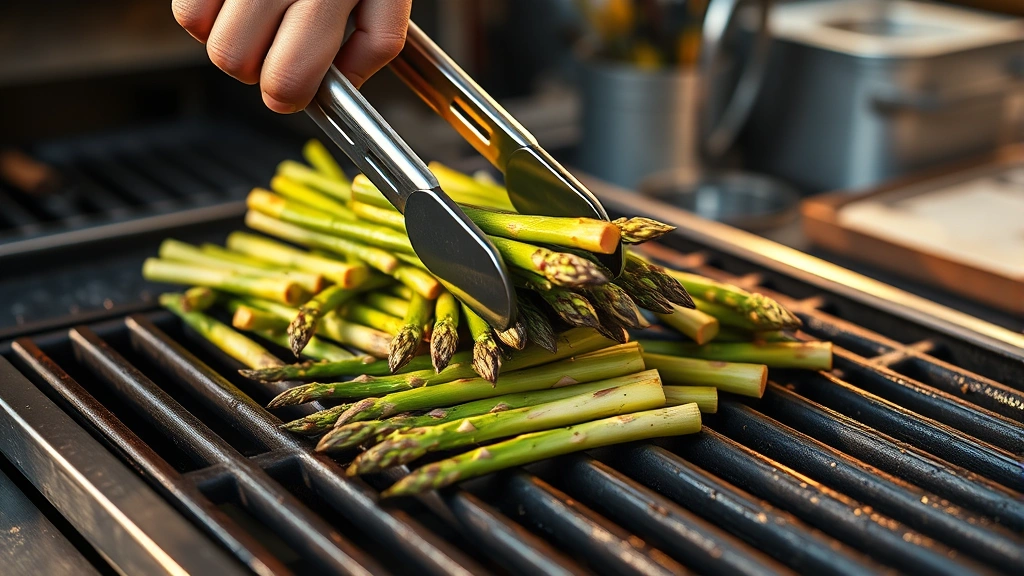 how long to grill asparagus -
Photorealistic hands using stainless steel tongs to flip asparagus spears on a 