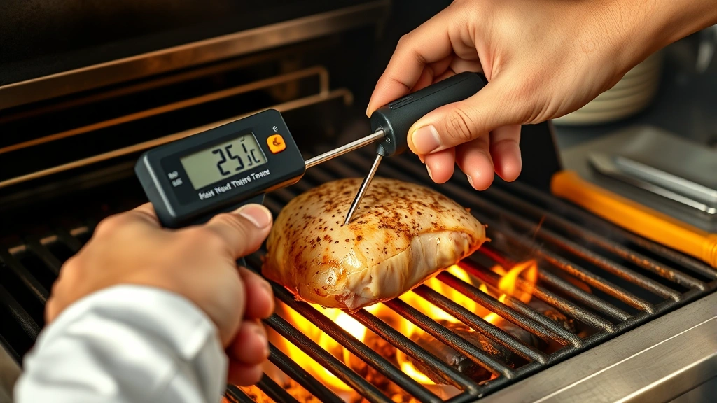 how long to grill boneless chicken thighs -
Photorealistic hands using a digital meat thermometer to check internal tempera