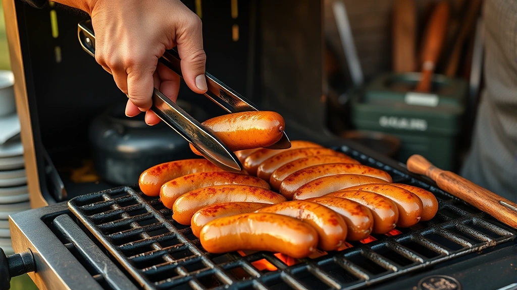 how long to grill brats -
photorealistic hands using tongs to rotate bratwurst on hot grill grates, works