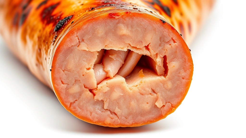 how long to grill brats -
photorealistic close-up macro of bratwurst cross-section showing cooked meat in