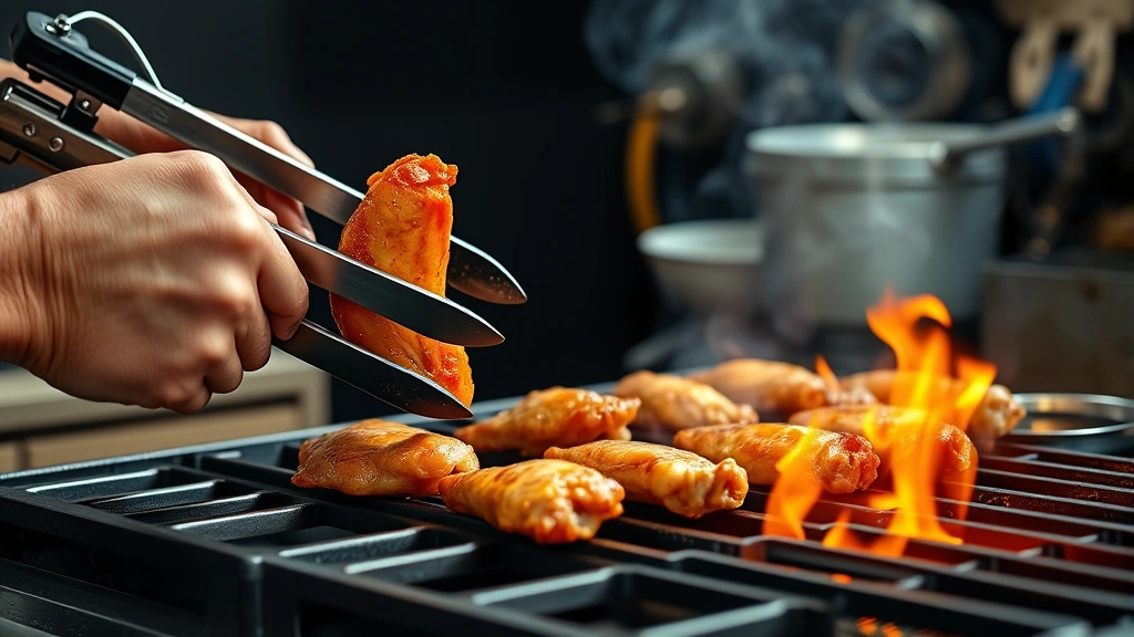 how long to grill chicken wings -
photorealistic hands using tongs to flip chicken wings on a gas grill, workshop