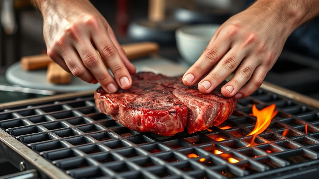 how long to grill filet mignon -
Photorealistic hands placing thick filet mignon steak on hot grill grates, work