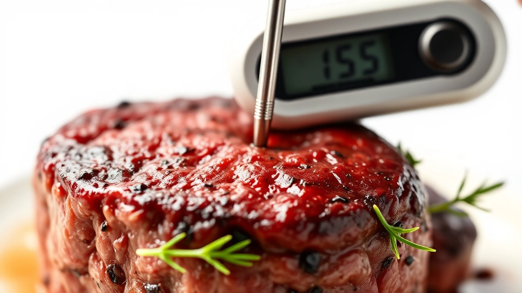 how long to grill filet mignon -
Photorealistic close-up macro photography of meat thermometer inserted into cen