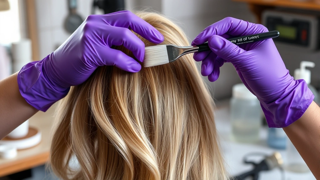 how long to leave bleach in hair -
Photorealistic hands wearing purple gloves carefully applying bleach to section