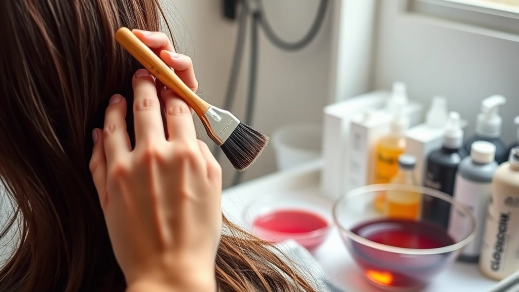 how long to leave hair dye in -
Photorealistic hands applying hair dye with brush applicator to roots of hair, 